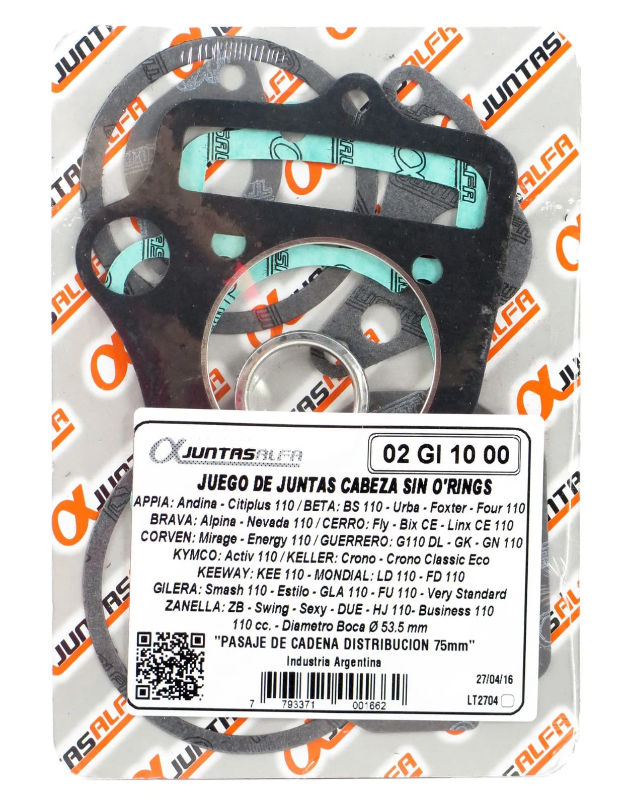 Juego de juntas de cabezal ALFA sin O'rings para motos 110 carrera corta