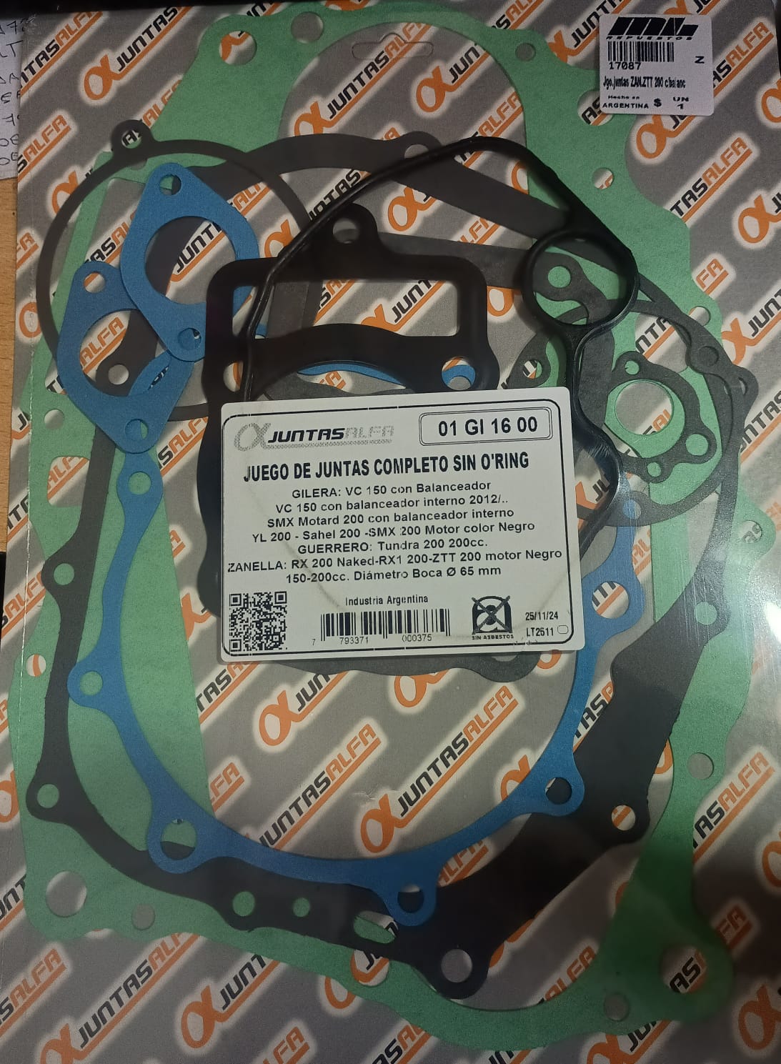 JUEGO DE JUNTAS COMPLETO SIN O'RING, para varillero 150 con balanceador interno tipo GILERA VC150, Zanella ZTT 200, etc