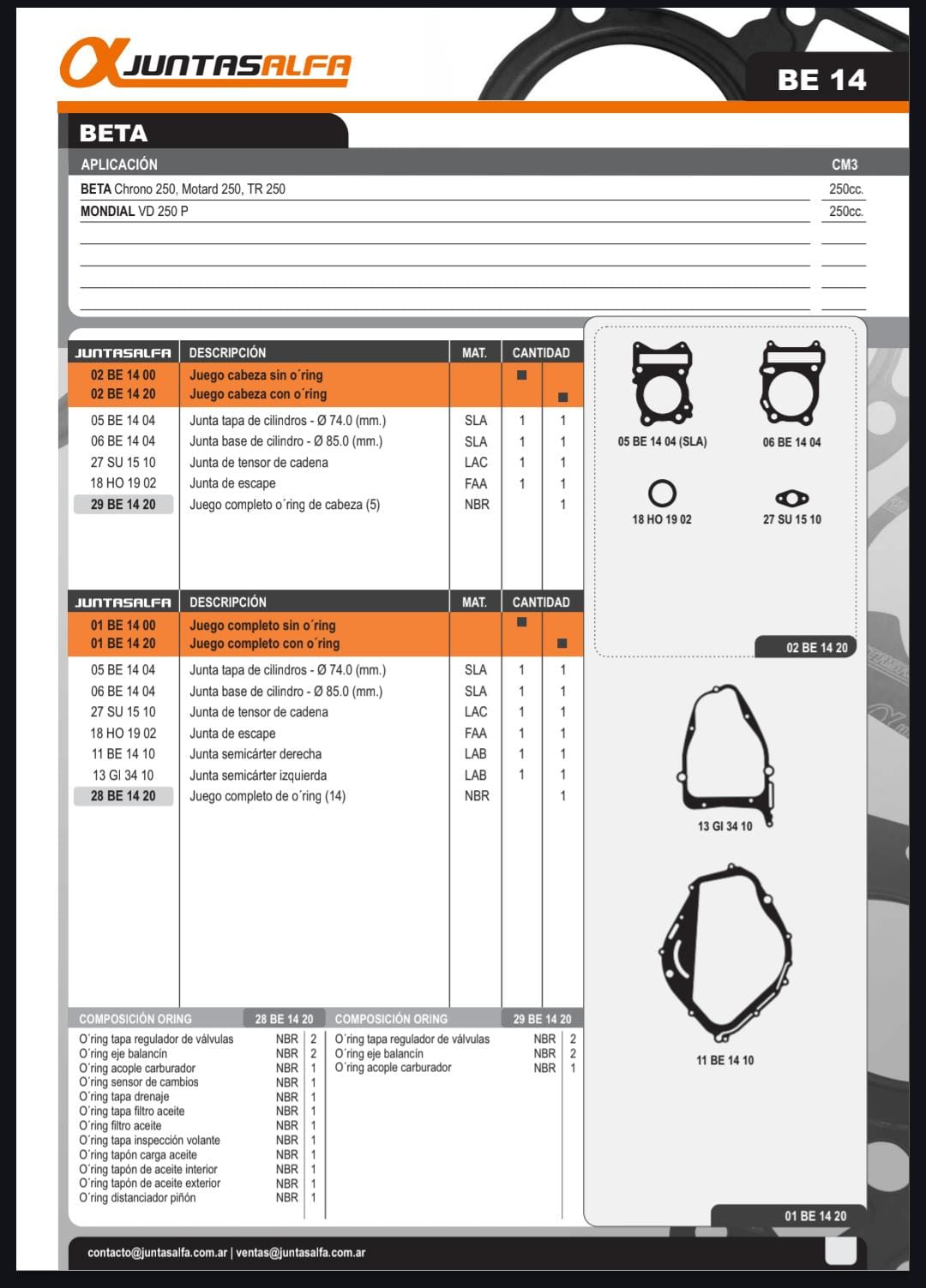 JUEGO DE JUNTAS COMPLETO SIN O'RING para BETA CRHONO-MOTARD 250