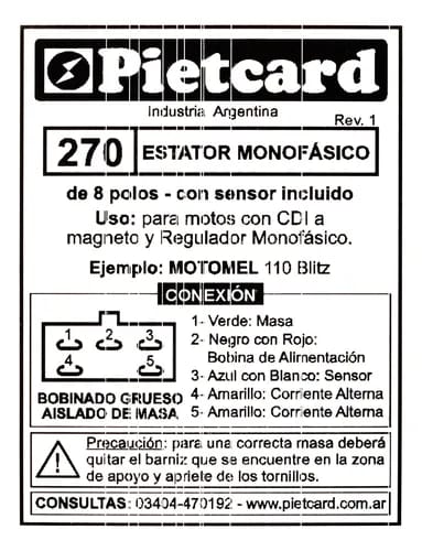 ESTATOR PIETCARD 270 MONOFÁSICO DE 8 POLOS PARA MOTOS CON CDI A MAGNETO COMO LA MOTOMEL BLITZ 110