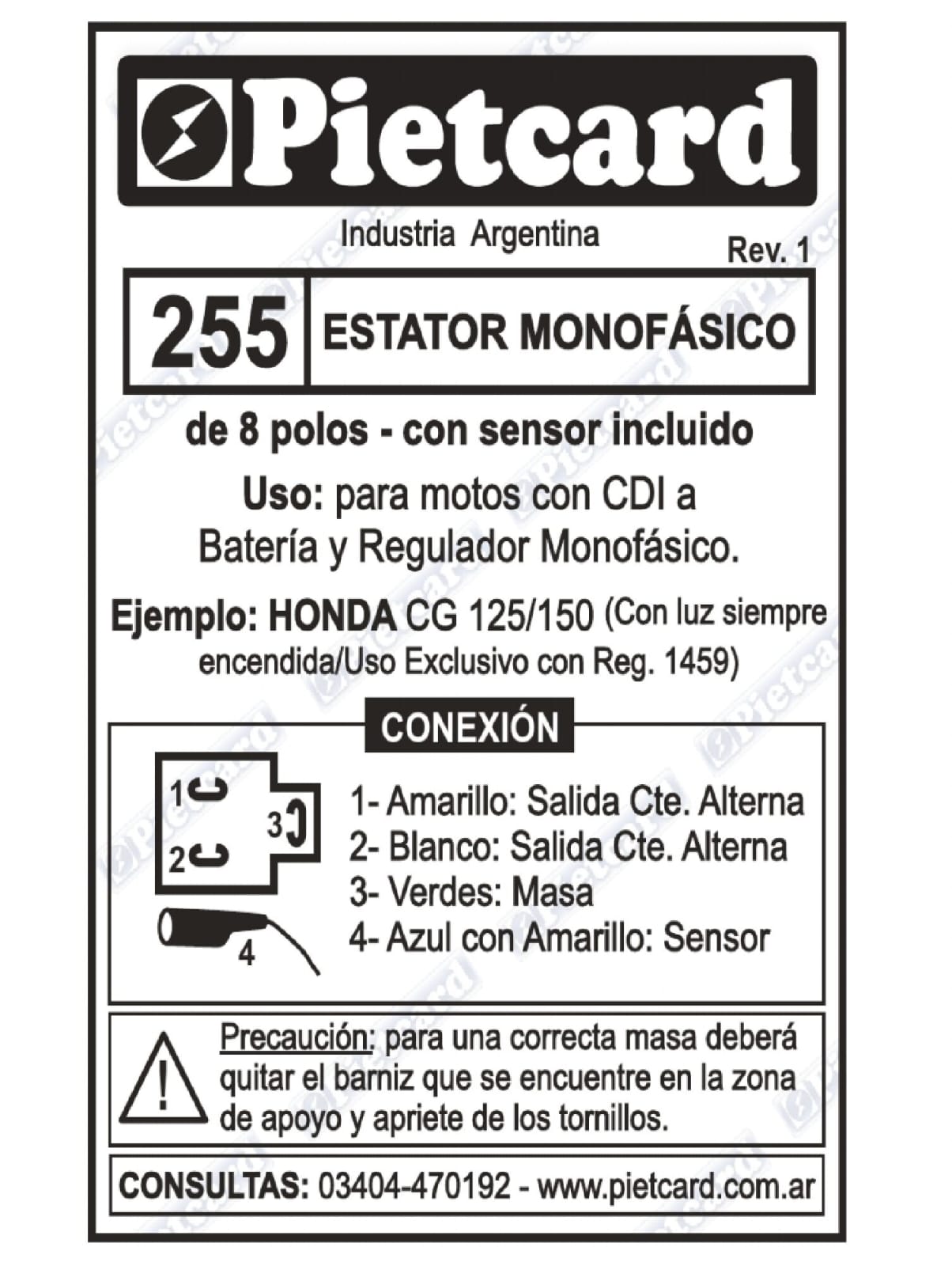 ESTATOR PIETCARD 255 MONOFÁSICO DE 8 POLOS PARA MOTOS CON CDI A BATERIA COMO LA HONDA CG TITAN 150