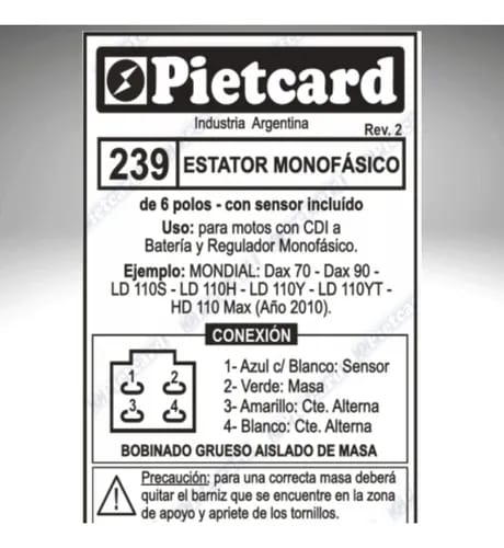 ESTATOR PIETCARD 239 MONOFÁSICO DE 6 POLOS PARA MOTOS CON CDI A BATERIA COMO LA HONDA DAX 70