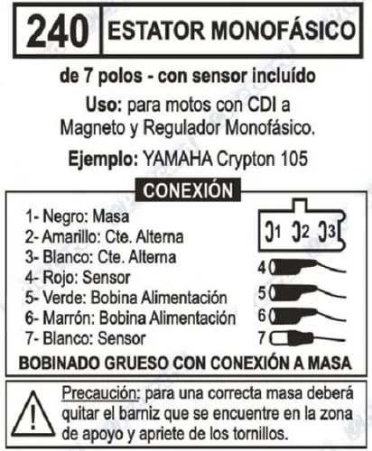 ESTATOR PIETCARD 240 MONOFÁSICO DE 7 POLOS PARA MOTOS CON CDI A MAGNETO COMO LA YAMAHA CRYPTON 105
