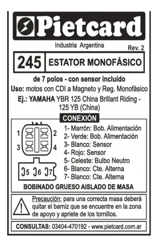 ESTATOR PIETCARD 245 MONOFÁSICO DE 7 POLOS PARA MOTOS CON CDI A MAGNETO COMO LA YAMAHA YBR 125